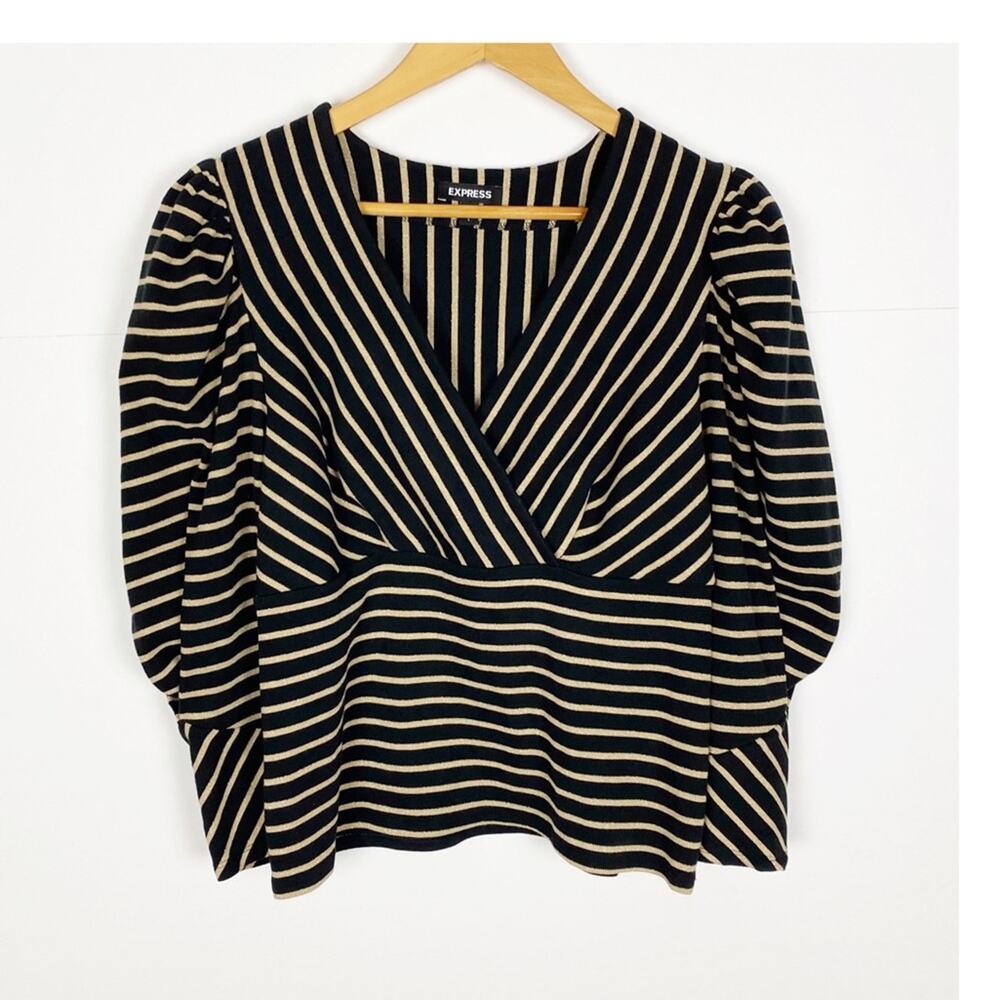 Express Top Size Large Black Gold Metallic Striped Puff Sleeve